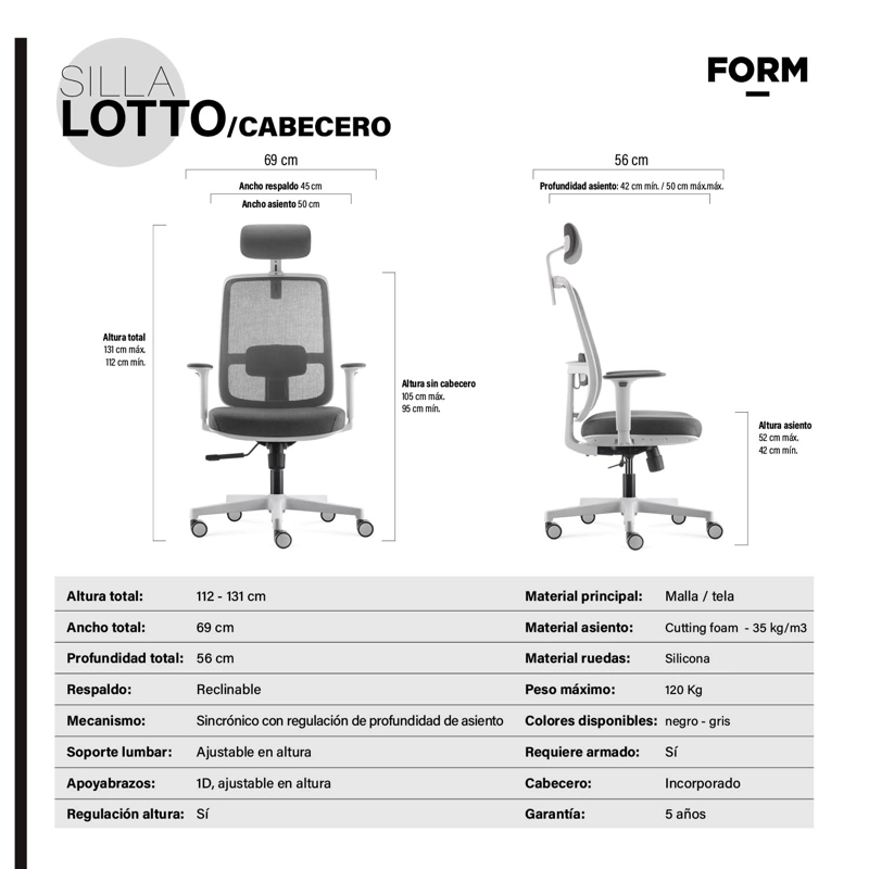 SILLA OFICINA FORM OFFICE GRIS CLARO LOTTO CON CABECERO - 7