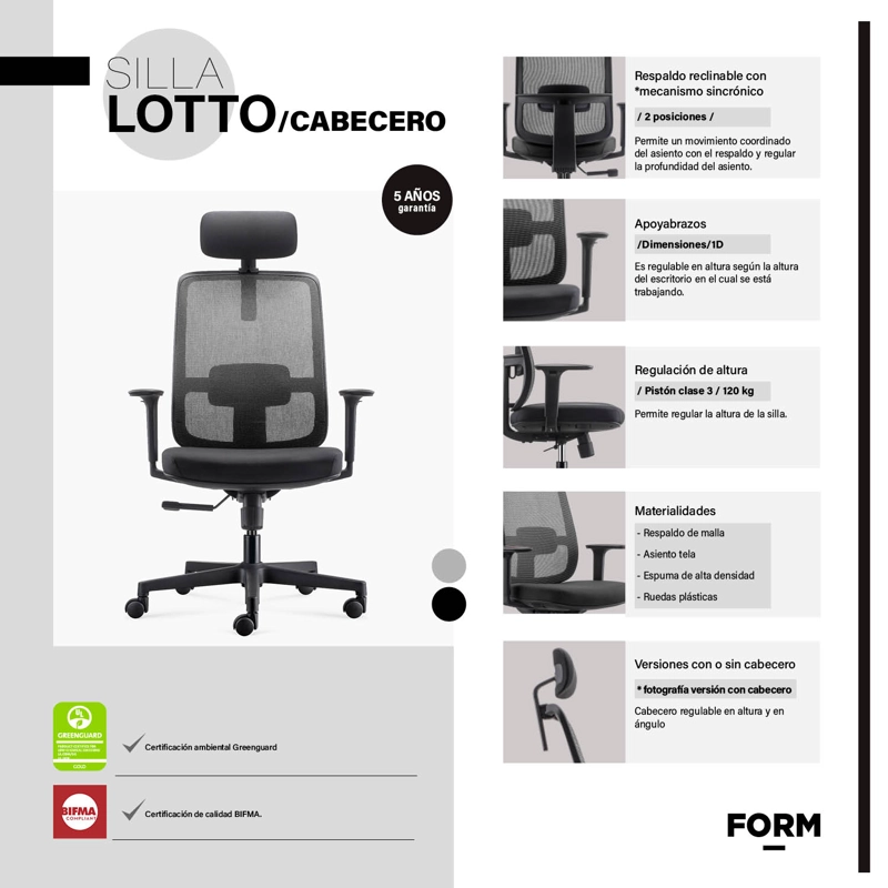 SILLA OFICINA FORM OFFICE NEGRO LOTTO CON CABECERO - 7