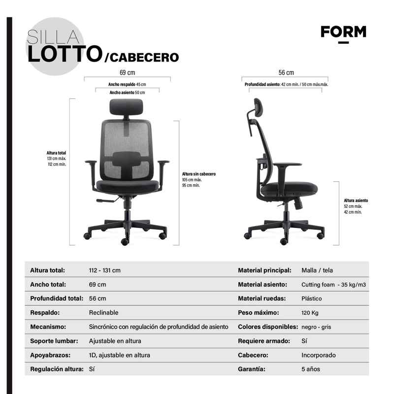 SILLA OFICINA FORM OFFICE NEGRO LOTTO CON CABECERO - 8