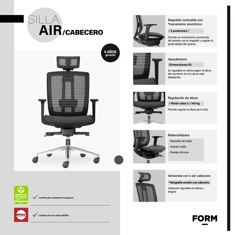 SILLA OFICINA FORM OFFICE GRIS  AIR CON CABECERO OSCURO - 5