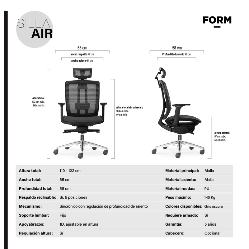 SILLA OFICINA FORM OFFICE GRIS  AIR CON CABECERO OSCURO - 6