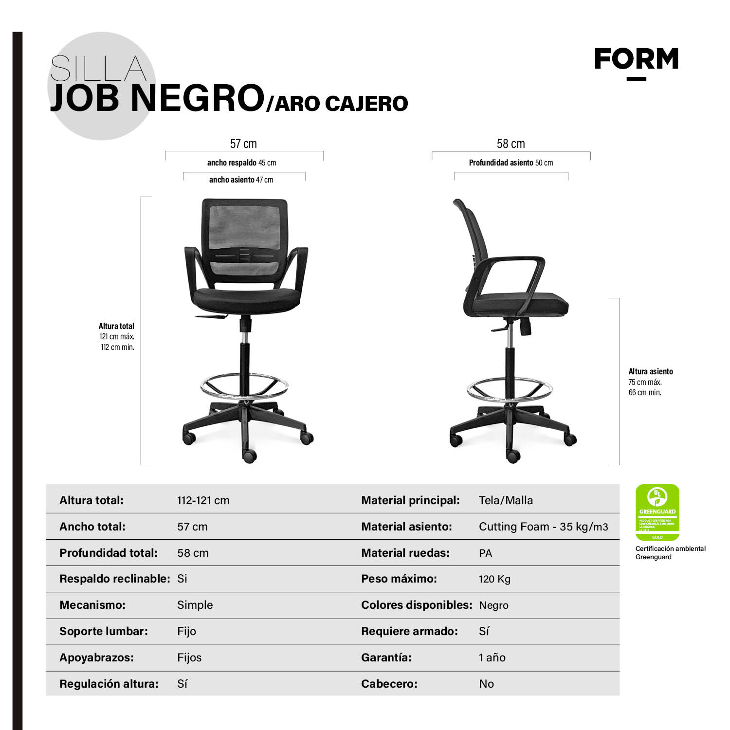 SILLA OFICINA FORM OFFICE NEGRO JOB CON ARO CAJERO - 7