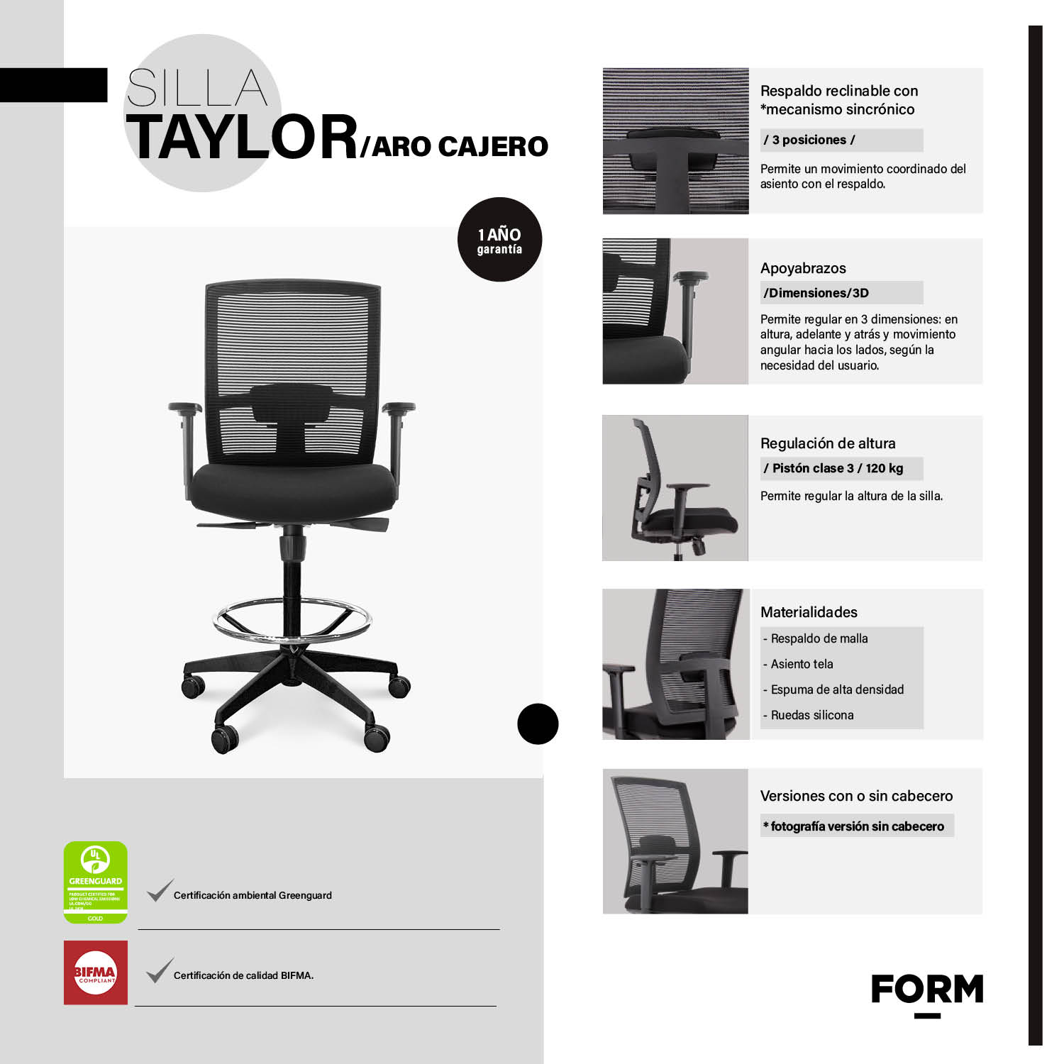 SILLA OFICINA FORM OFFICE NEGRO TAYLOR CON ARO CAJERO - 6