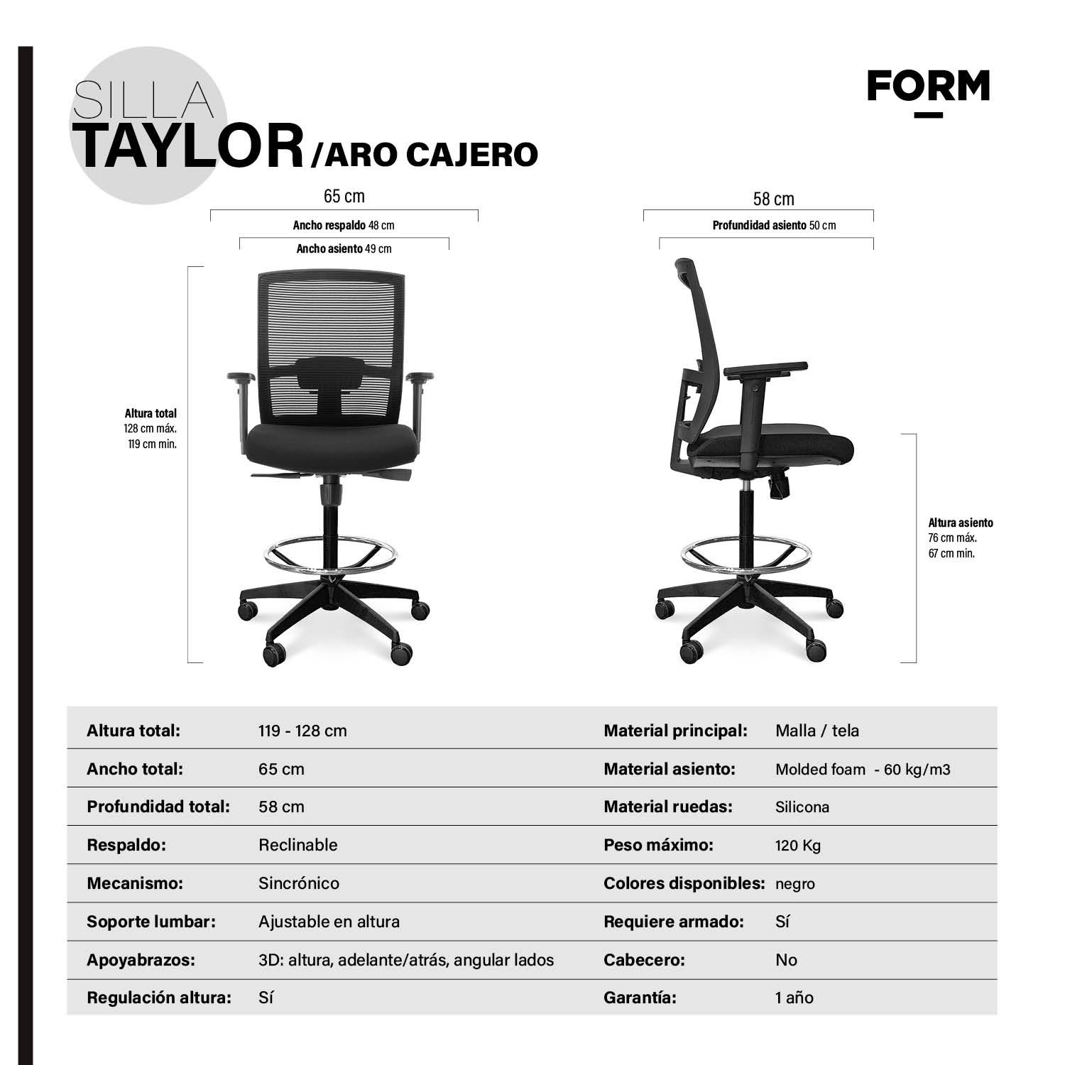 SILLA OFICINA FORM OFFICE NEGRO TAYLOR CON ARO CAJERO - 7