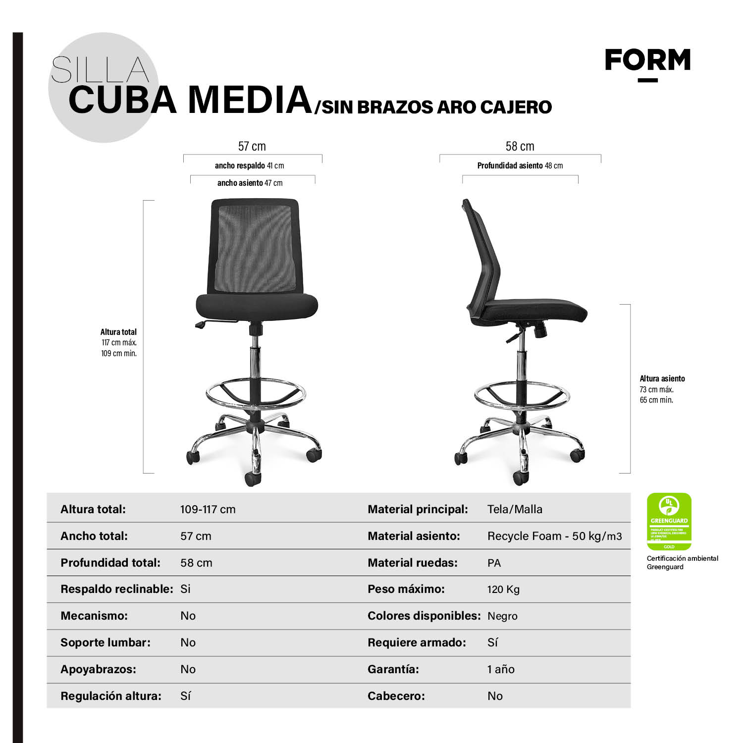 SILLA OFICINA FORM OFFICE METAL NEGRO CUBA MEDIA SIN BRAZOS CON ARO CAJERO - 6