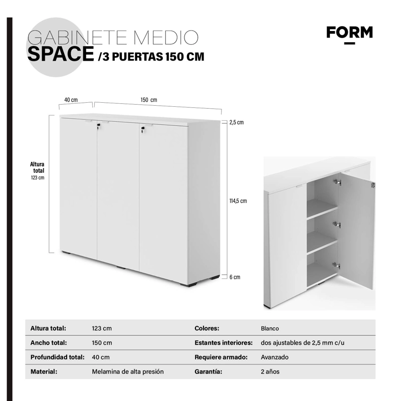 GABINETE FORM OFFICE ACERO 3 PUERTAS BLANCO OFICINA MEDIO SPACE 150 - 6