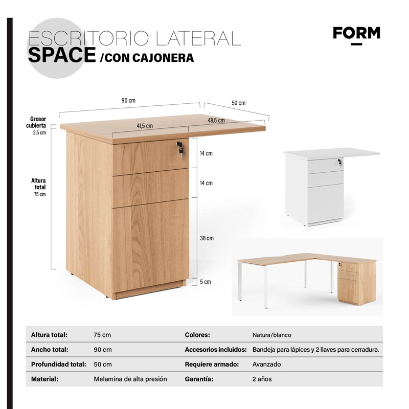 LATERAL C/CAJONERA FORM OFFICE ESCRITORIO SPACE 50X90 NATURA BLANCO ACERO - 4