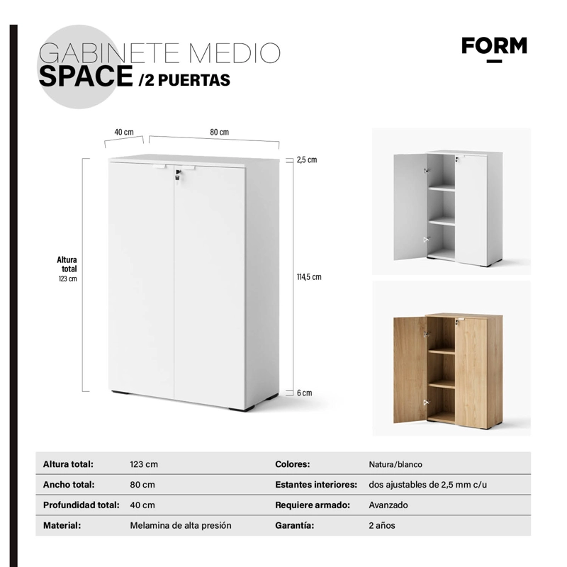 GABINETE FORM OFFICE ACERO 2 PUERTAS BLANCO OFICINA MEDIO SPACE - 4