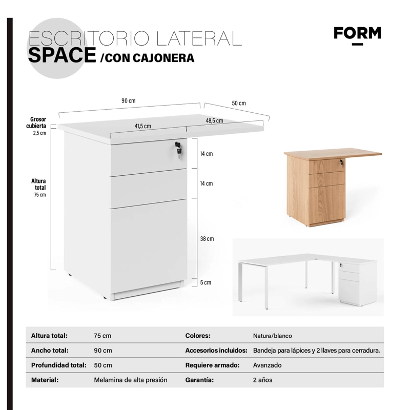 LATERAL C/CAJONERA FORM OFFICE ESCRITORIO SPACE 50X90 BLANCO ACERO - 4