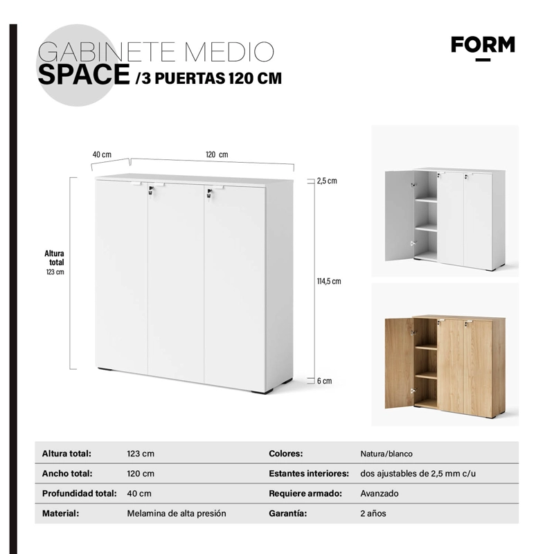 GABINETE FORM OFFICE ACERO 3 PUERTAS BLANCO OFICINA MEDIO SPACE 120 - 5