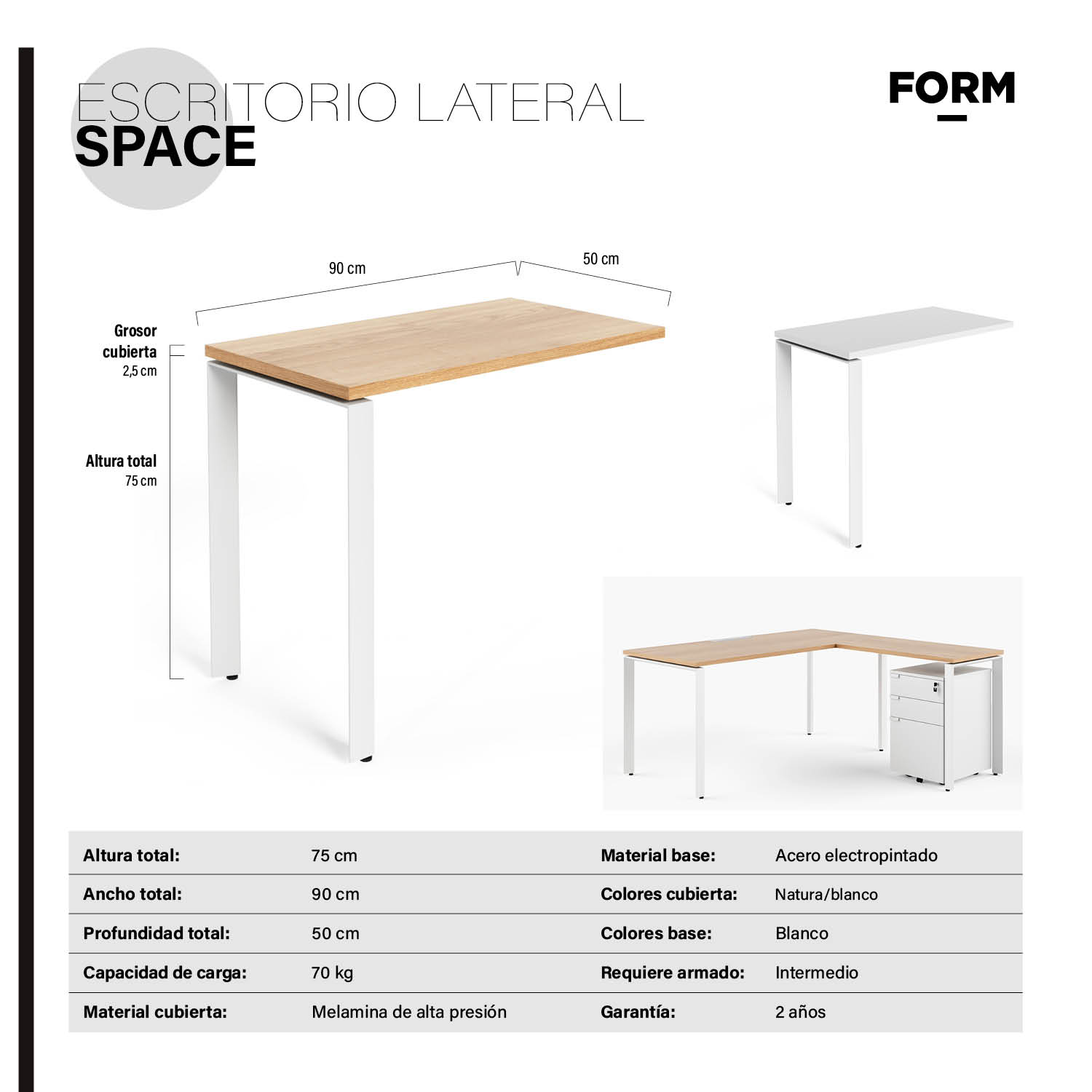 LATERAL ESCRITORIO FORM OFFICE SPACE 50X90 ACERO - 3