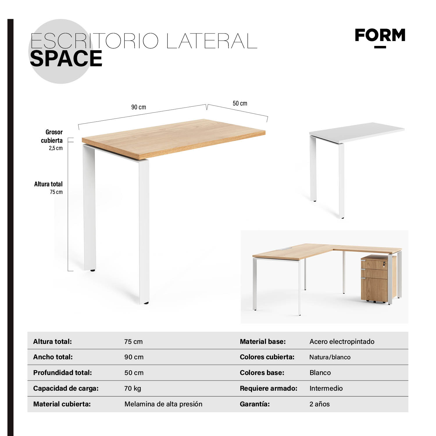 LATERAL ESCRITORIO FORM OFFICE SPACE 50X90 ACERO - 4