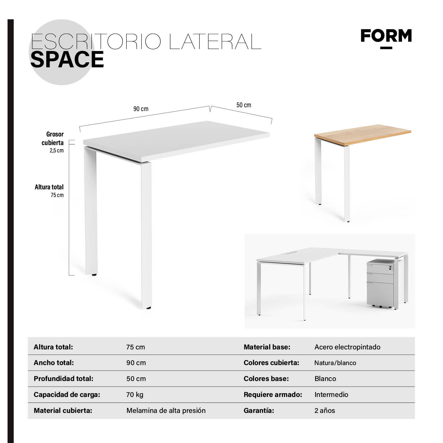 LATERAL ESCRITORIO FORM OFFICE SPACE 50X90 ACERO - 7