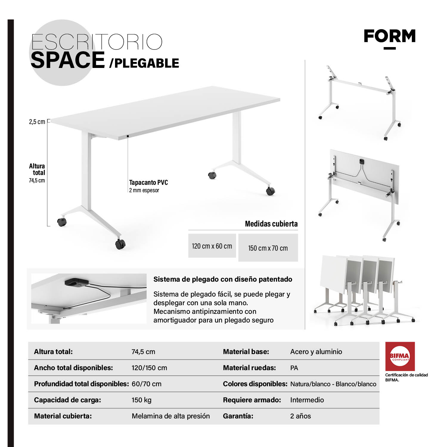ESCRITORIO FORM OFFICE SPACE PLEGABLE 150X70 BLANCO ACERO - 7