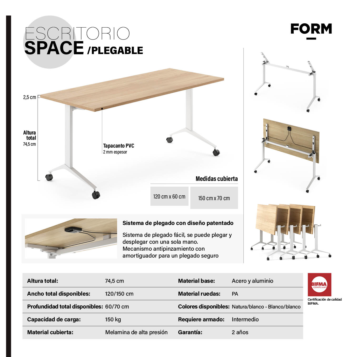 ESCRITORIO FORM OFFICE SPACE PLEGABLE 150X70 NATURA BLANCO ACERO - 7