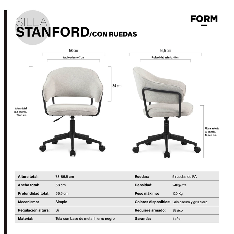 SILLA DE OFICINA FORM DESIGN GRIS CLARO STANFORD CON RUEDAS - 9