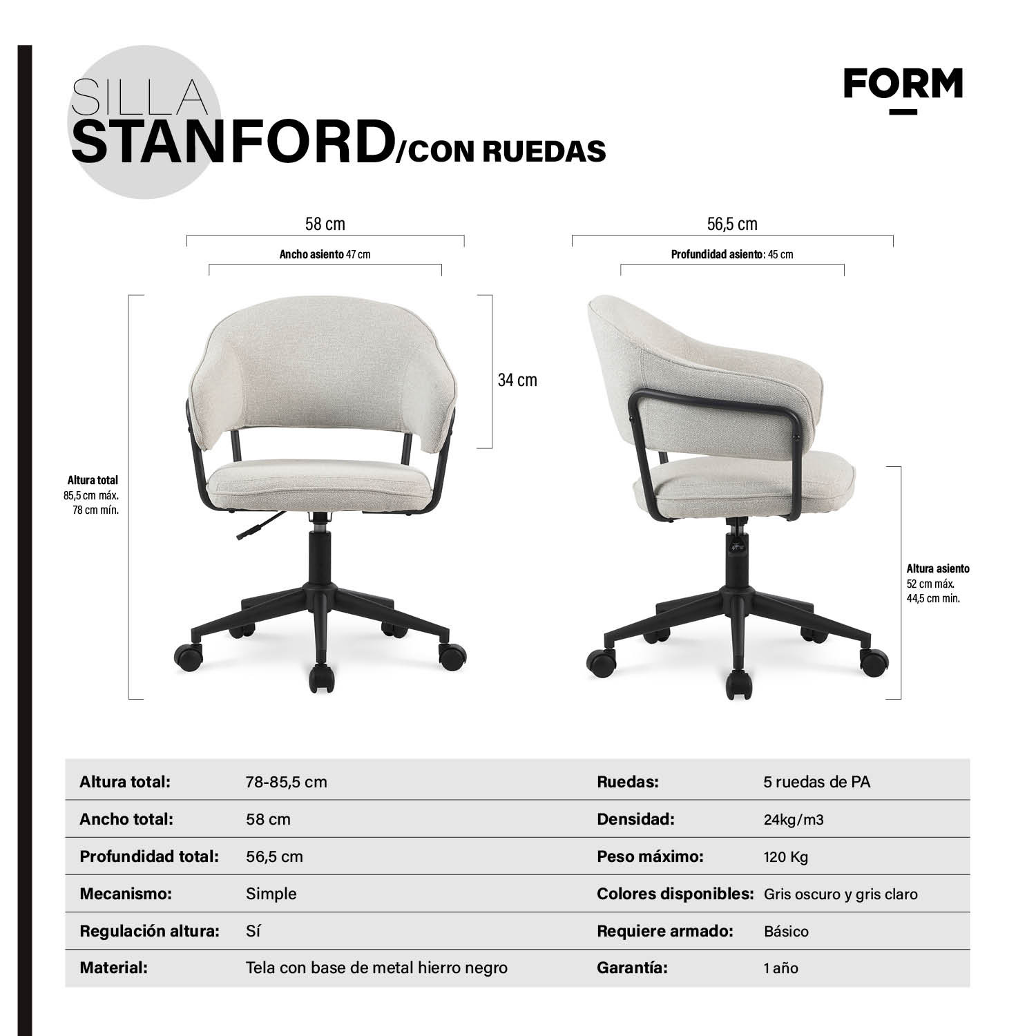 SILLA DE OFICINA FORM DESIGN GRIS CLARO STANFORD CON RUEDAS - 9
