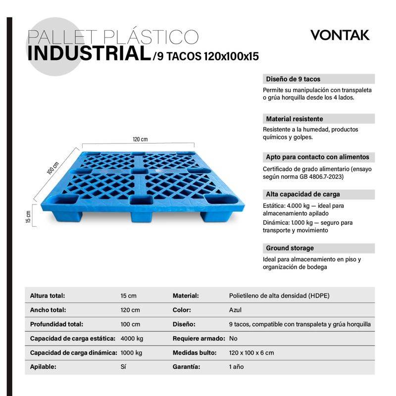 PALLET PLASTICO INDUSTRIAL REFORZADO 9 TACOS 120X100X15 AZUL VONTAK - 5