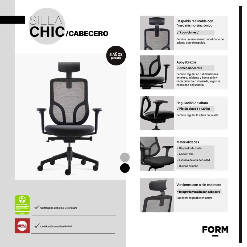 SILLA OFICINA FORM OFFICE NEGRO CHIC CON CABECERO - 6