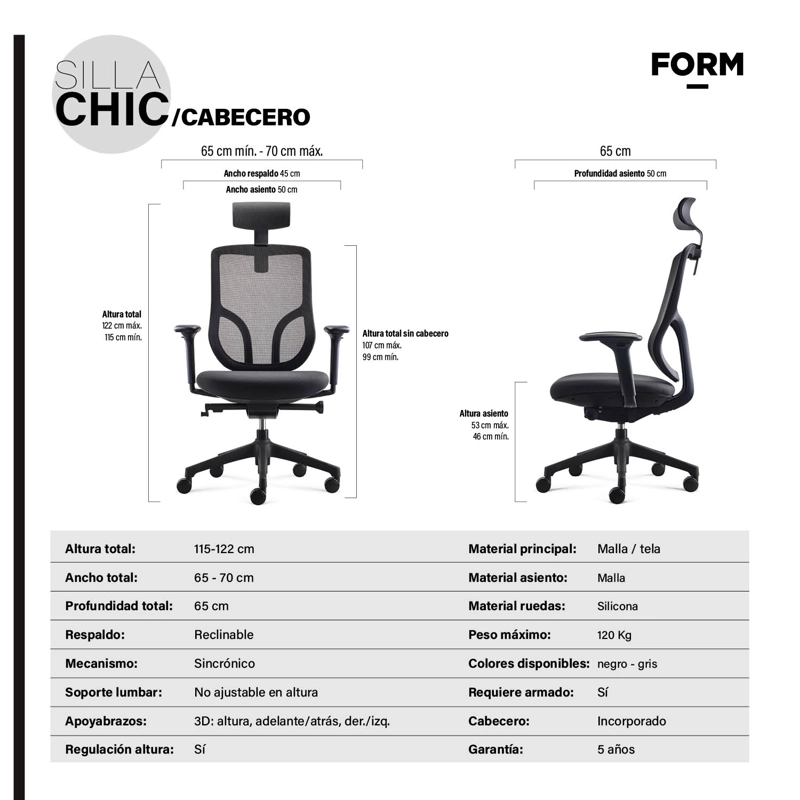 SILLA OFICINA FORM OFFICE NEGRO CHIC CON CABECERO - 7