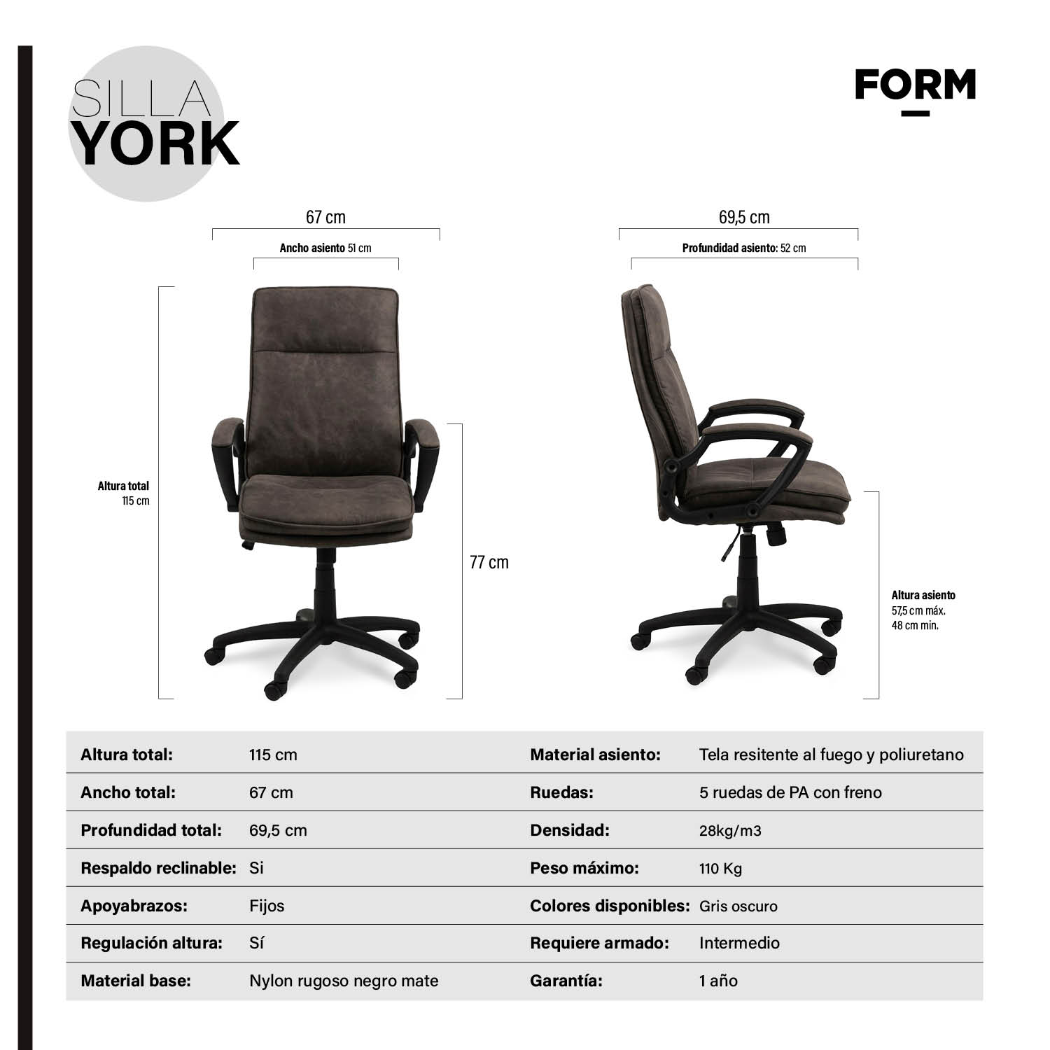 SILLA FORM DESIGN GRIS DISEÑO HOME OFFICE YORK OSCURO - 8