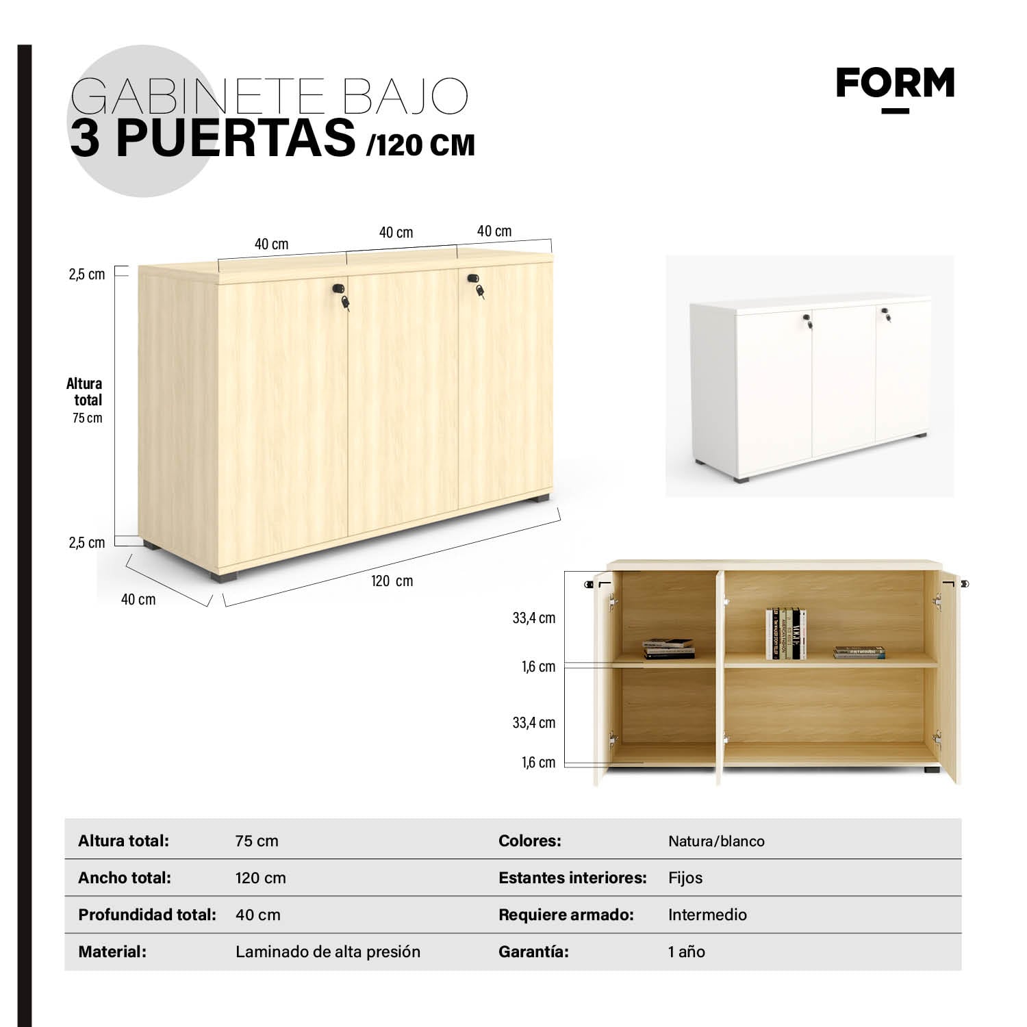 GABINETE BAJO 3 PUERTAS 120 NATURA FORM - 4