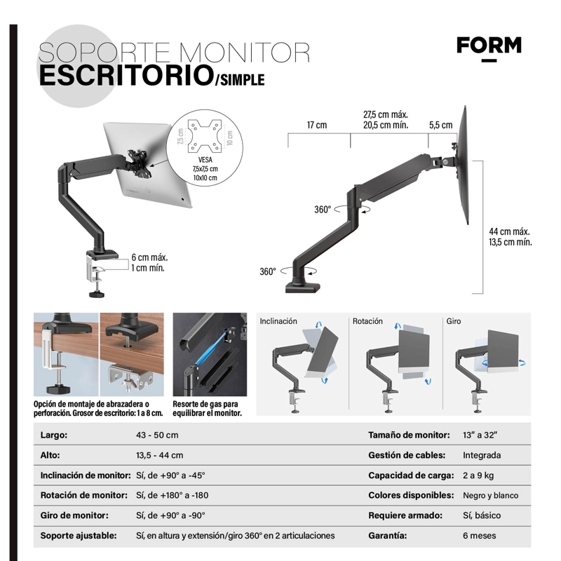 SOPORTE MONITOR ESCRITORIO SIMPLE BLANCO FORM - 4