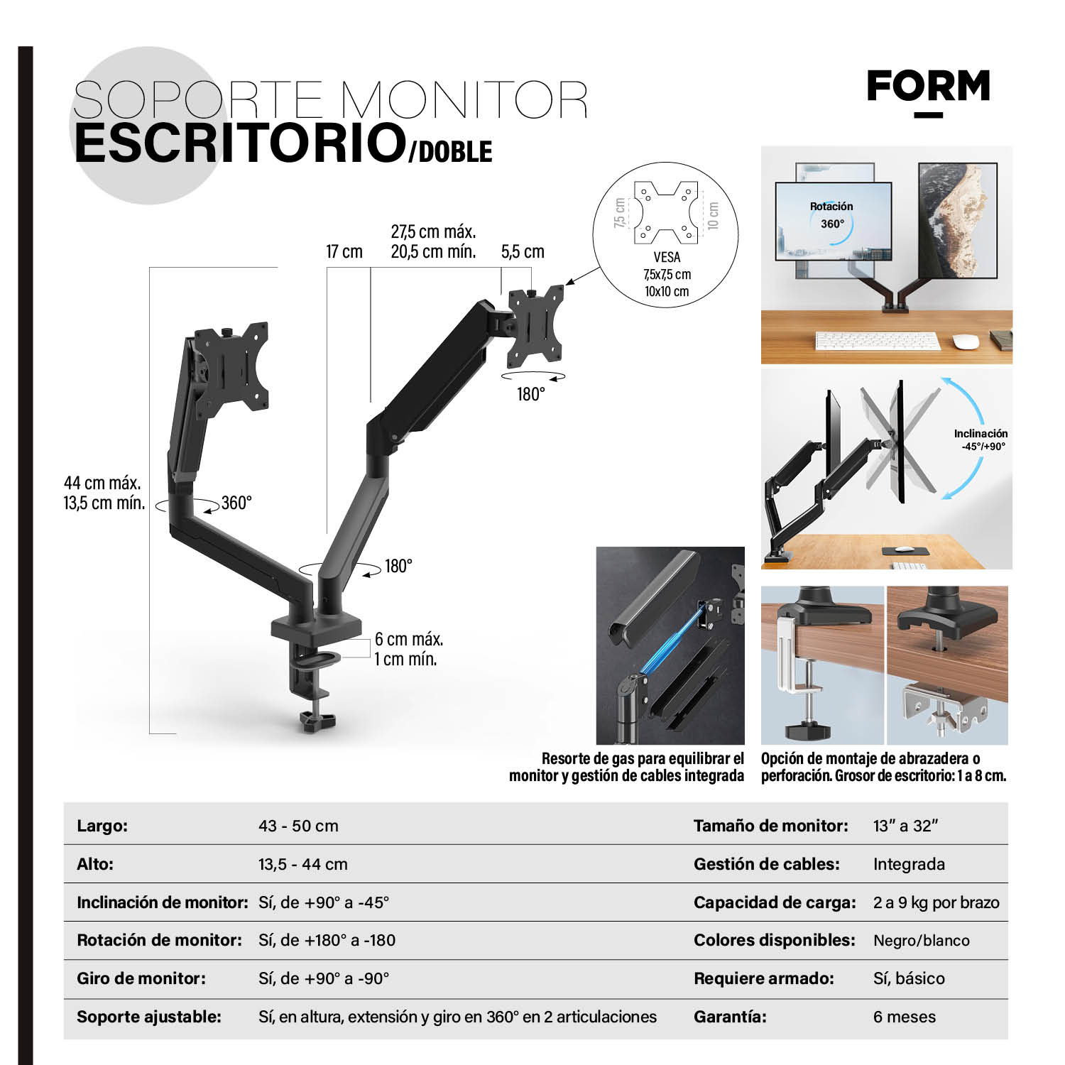 SOPORTE MONITOR ESCRITORIO DOBLE NEGRO FORM - 7