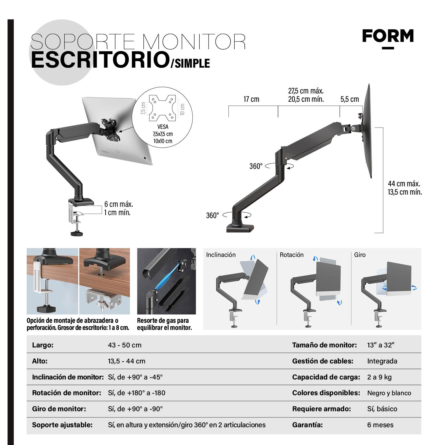 SOPORTE MONITOR ESCRITORIO SIMPLE NEGRO FORM - 5