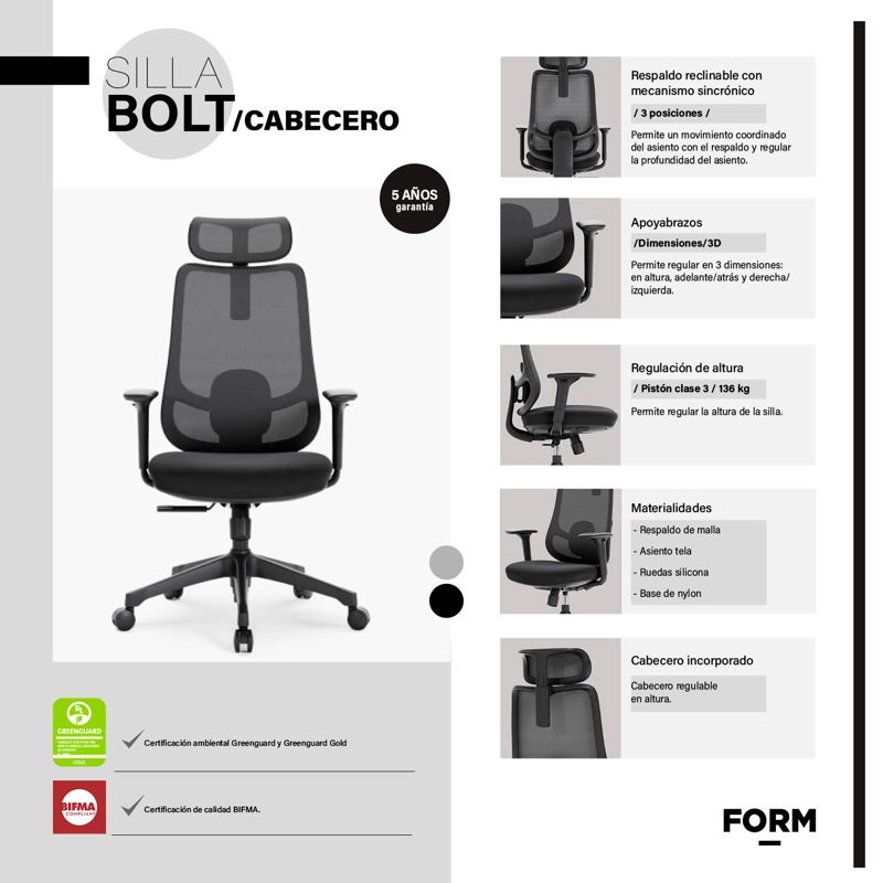 SILLA OFICINA BOLT NEGRO CON CABECERO FORM - 6
