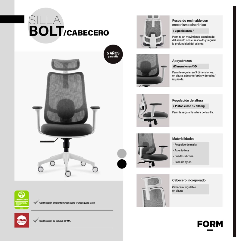SILLA OFICINA BOLT GRIS CLARO CON CABECERO FORM - 6