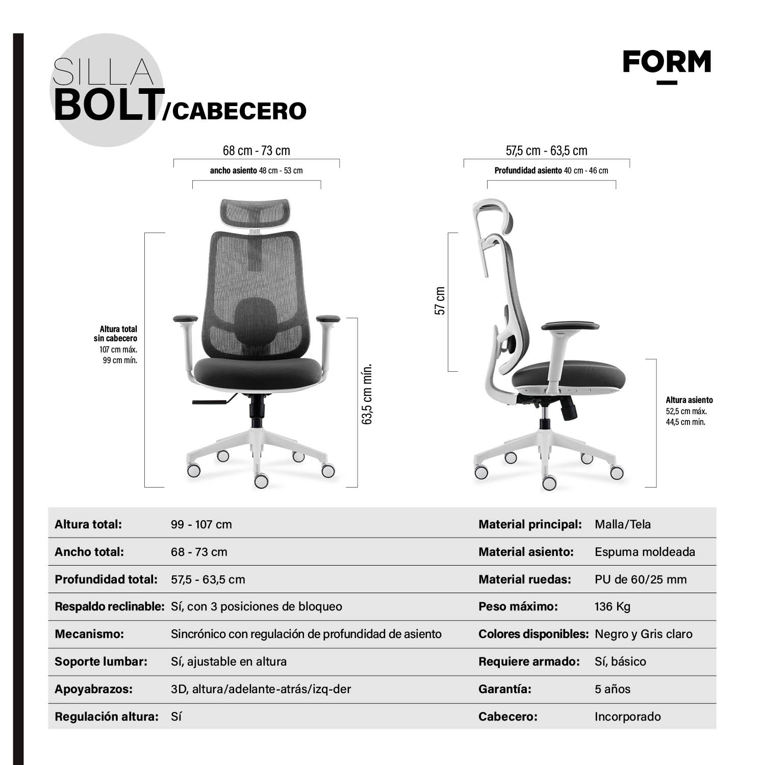 SILLA OFICINA BOLT GRIS CLARO CON CABECERO FORM - 7