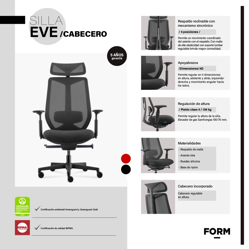 SILLA OFICINA EVE CON CABECERO NEGRO FORM - 8