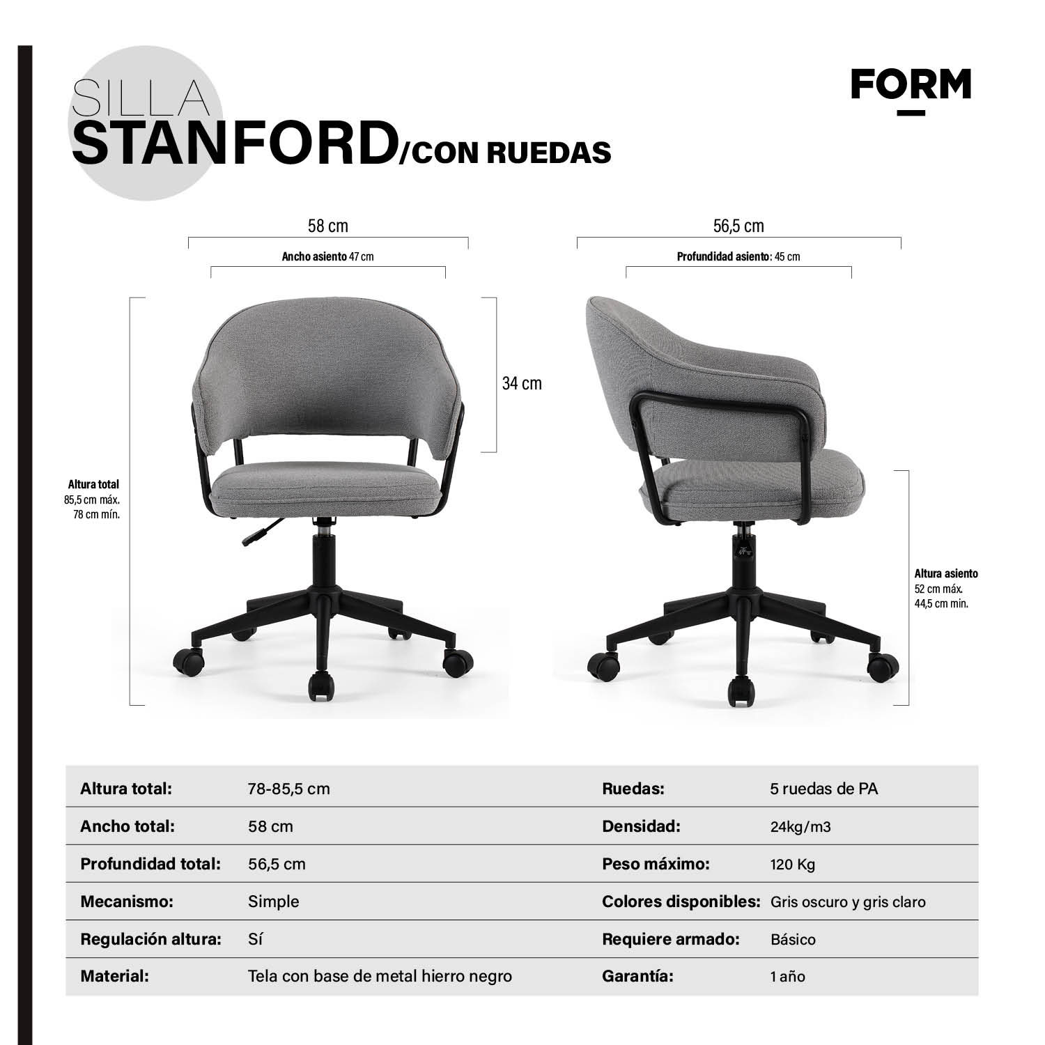SILLA HOME OFFICE STANFORD CON RUEDAS GRIS OSCURO FORM - 9