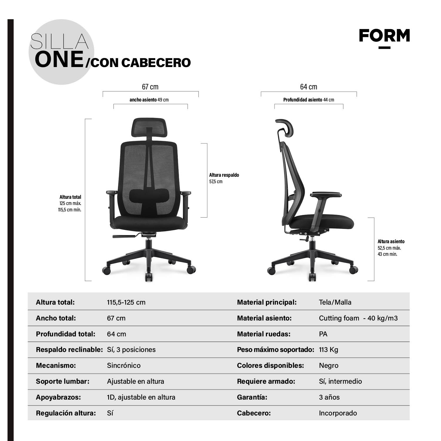 SILLA OFICINA ONE CON CABECERO NEGRO FORM - 8
