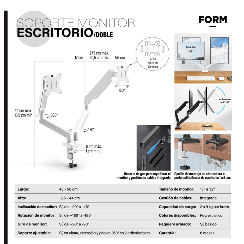 SOPORTE MONITOR ESCRITORIO DOBLE BLANCO FORM - 6
