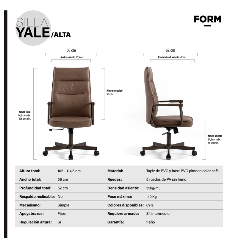 SILLA DISEÑO HOME OFFICE YALE ALTA CAFE  FORM - 9