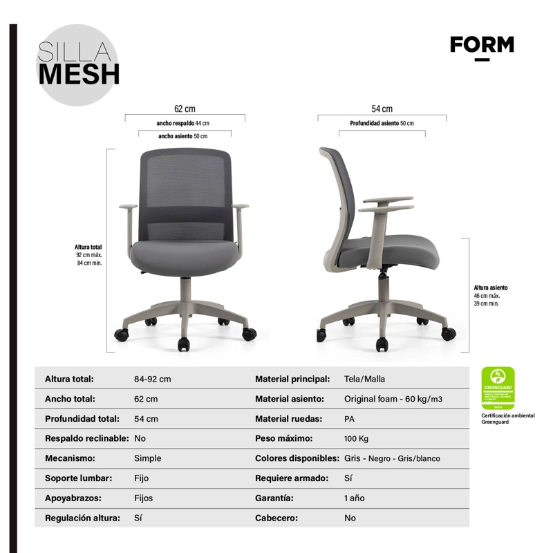 SILLA OFICINA MESH GRIS CLARO FORM - 9