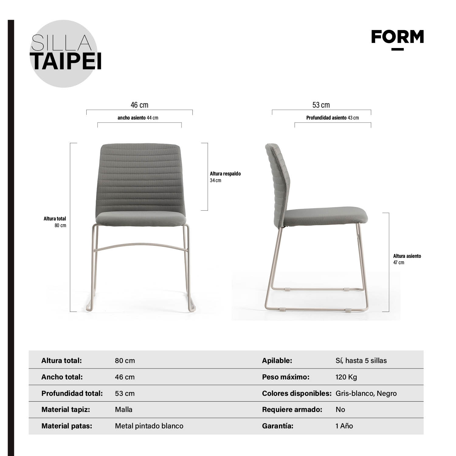 SILLA OFICINA VISITA TAIPEI GRIS/BLANCO FORM - 7