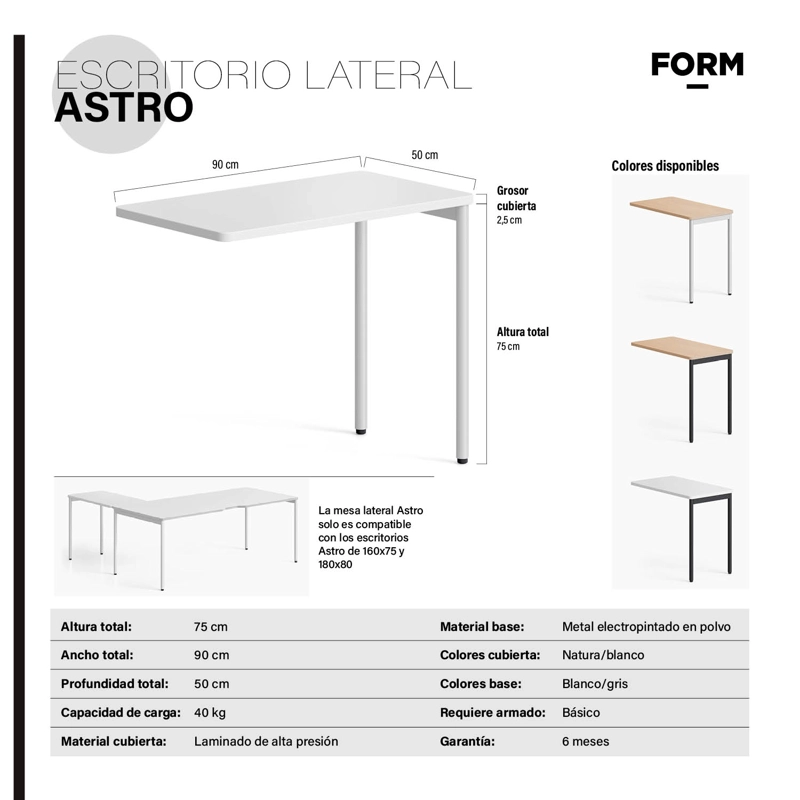 ESCRITORIO LATERAL ASTRO 50X90 NATURA/BLANCO FORM - 5
