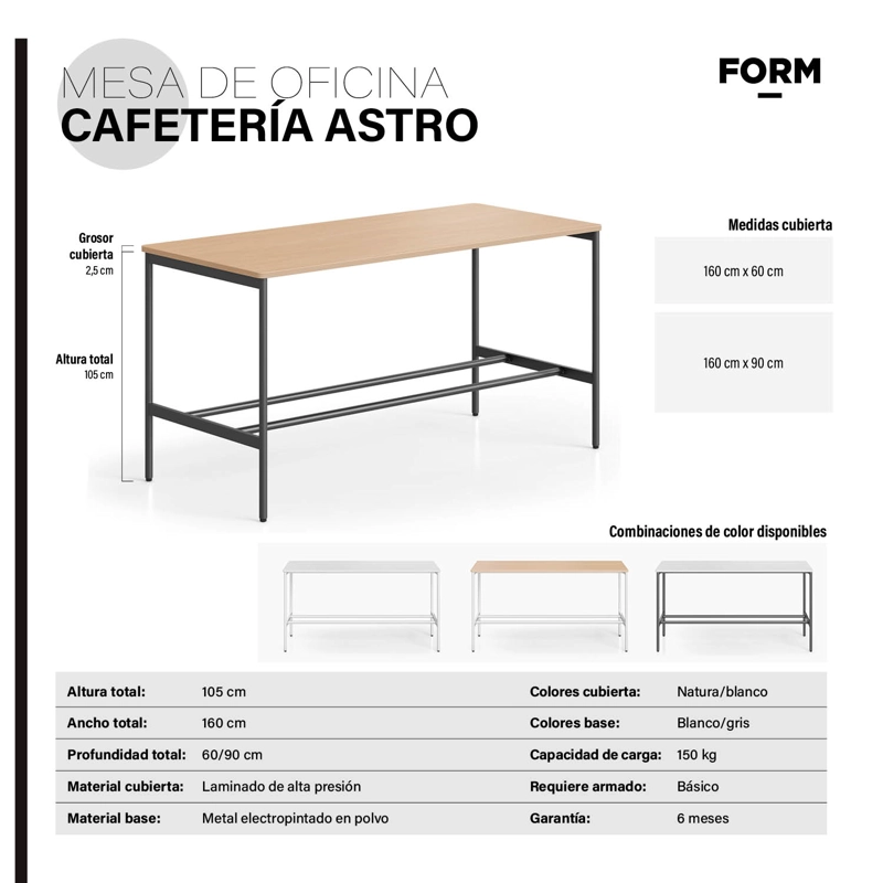 MESA OFICINA CAFETERIA ASTRO 160X60 NATURA/BLANCO FORM - 3