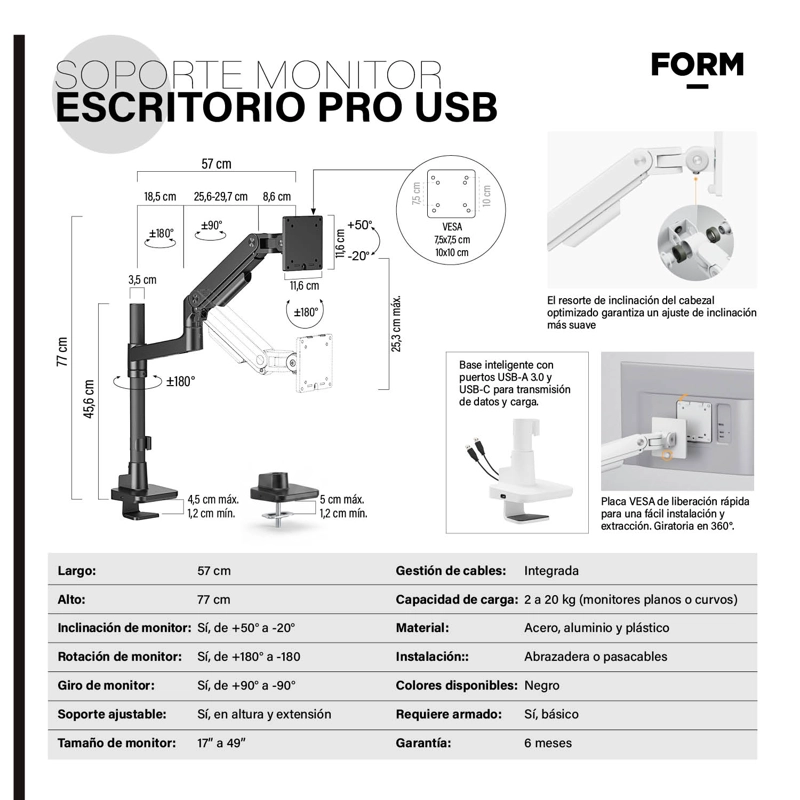 SOPORTE MONITOR ESCRITORIO PRO USB NEGRO FORM - 7