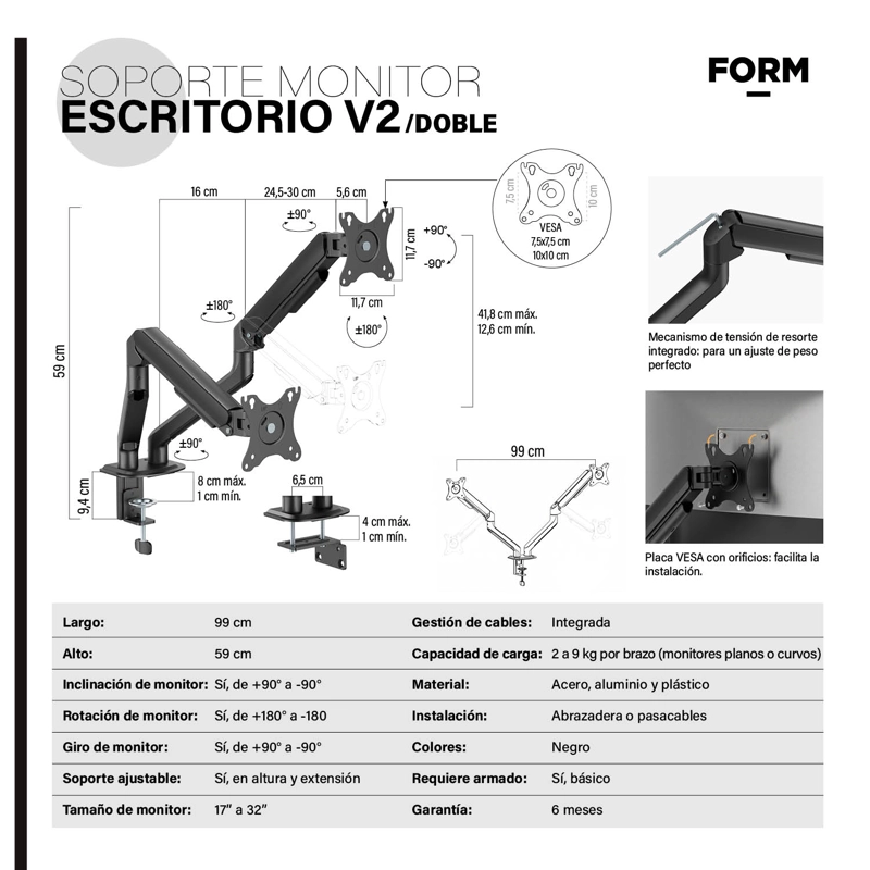SOPORTE MONITOR ESCRITORIO DOBLE V2 NEGRO FORM - 6