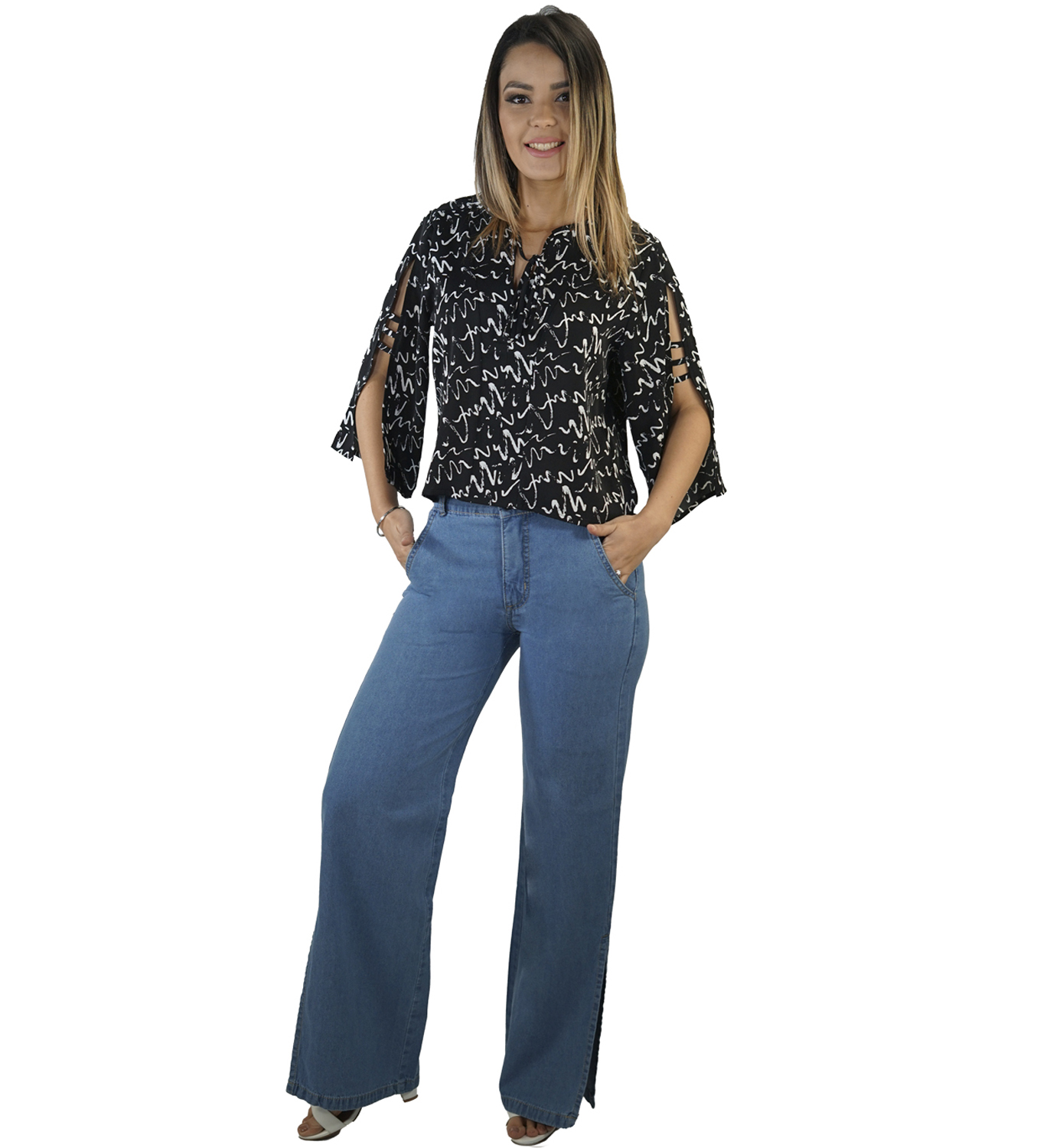 JEANS ALGODÓN MUJER TENTATION AZUL PALAZZO TIRO ALTO PUSH UP - 1