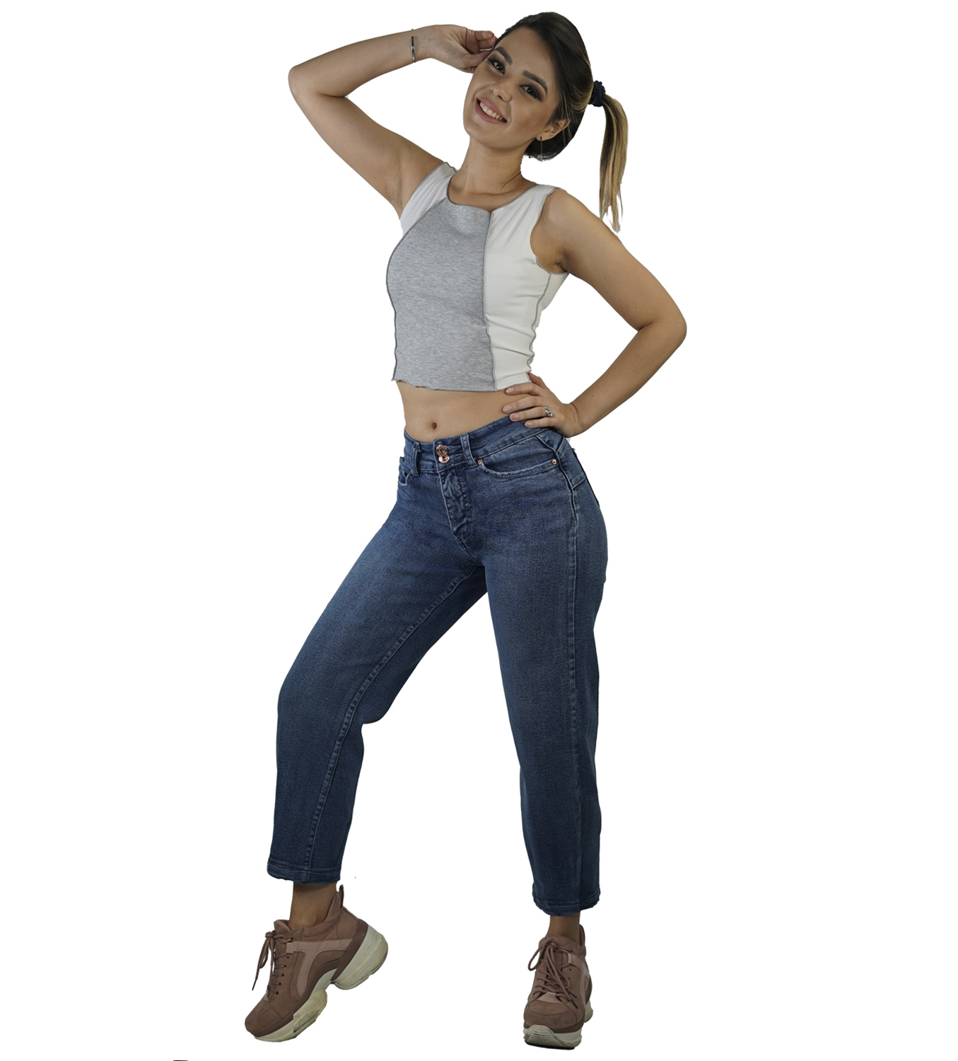 JEANS ALGODÓN MUJER TENTATION AZUL CROPPED TIRO ALTO PUSH UP - 4