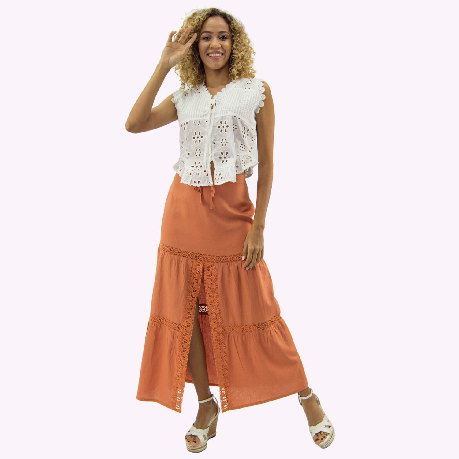 FALDA MAXI LINO MUJER TENTATION LADRILLO BRODERIE - 1