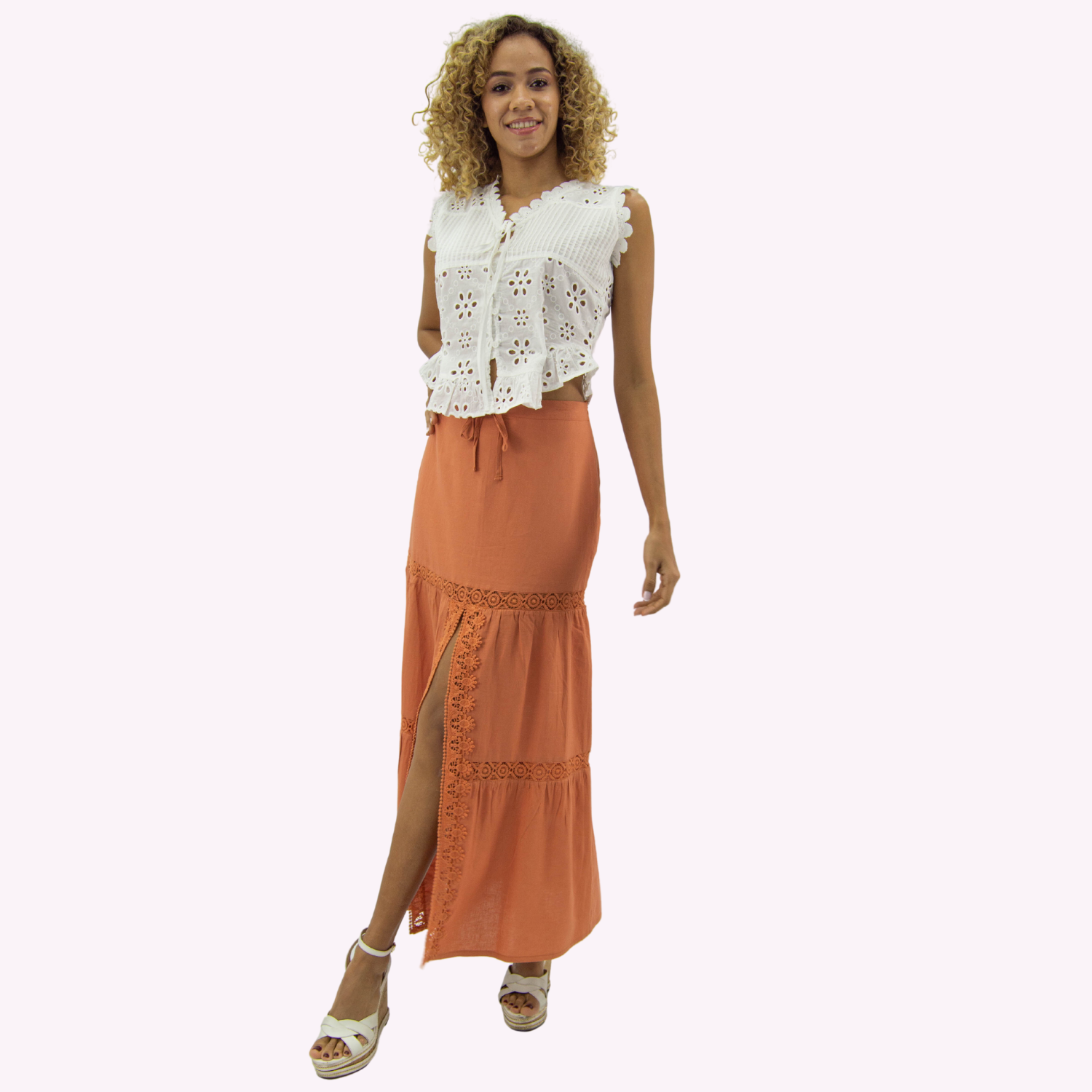 FALDA MAXI LINO MUJER TENTATION LADRILLO BRODERIE - 4