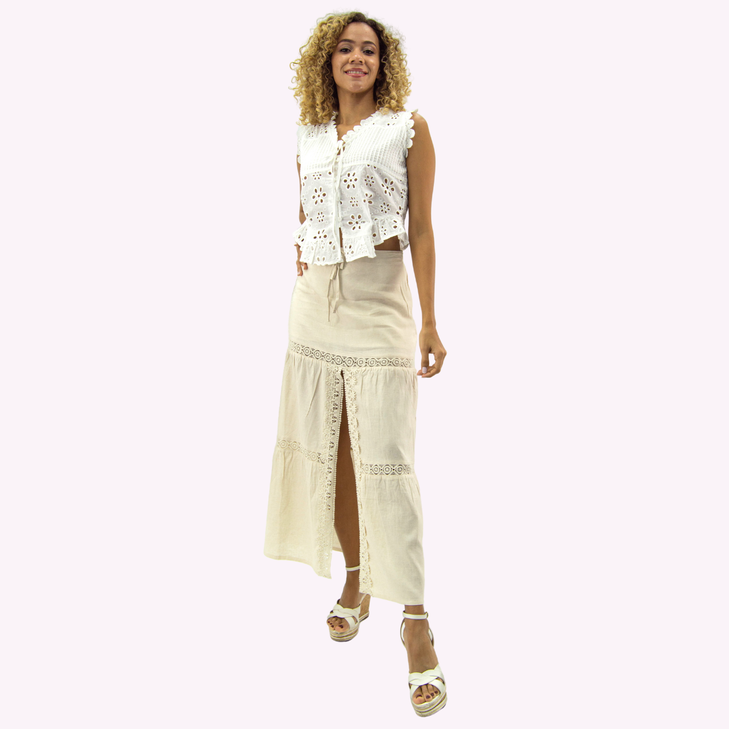 FALDA MAXI LINO MUJER TENTATION BEIGE BRODERIE - 1