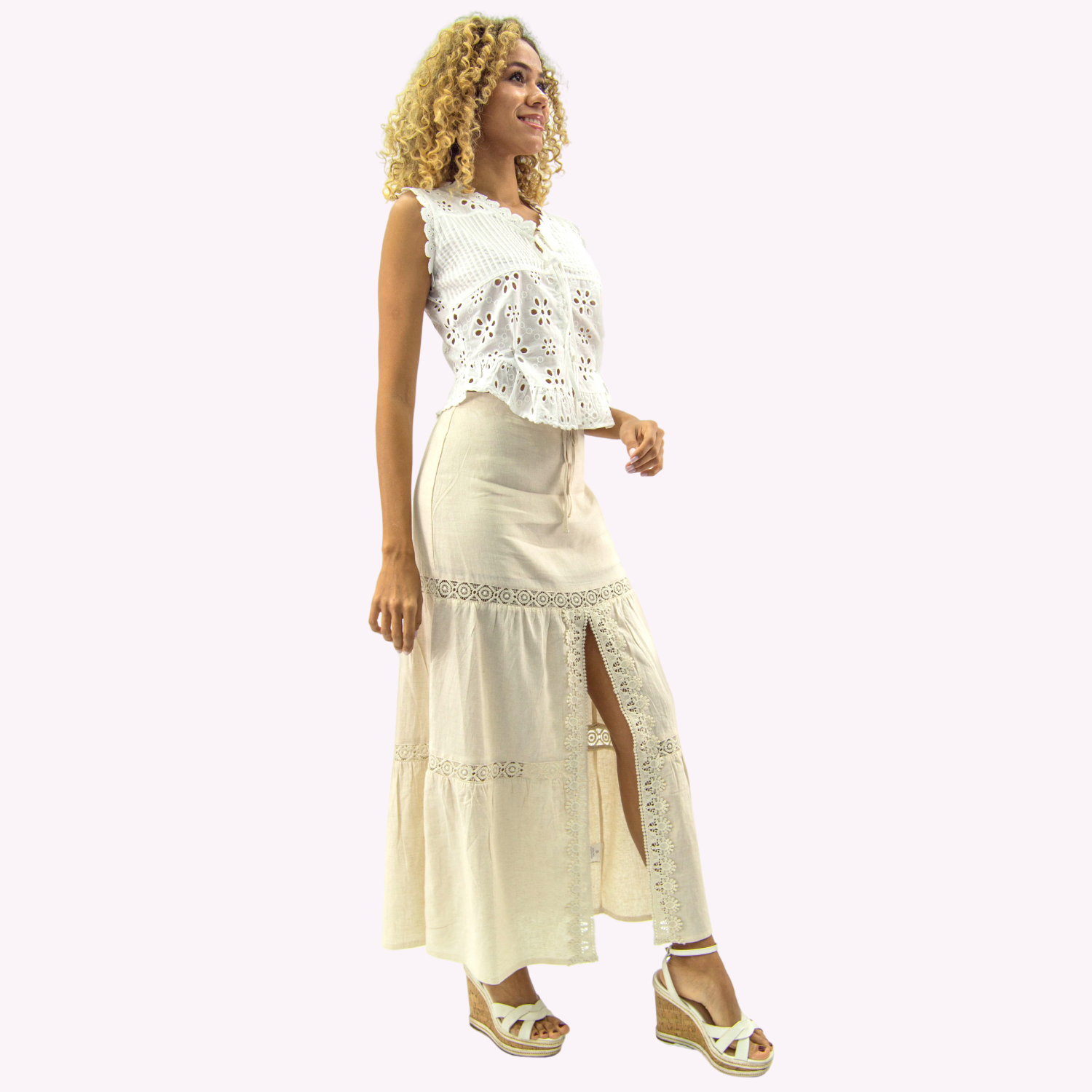 FALDA MAXI LINO MUJER TENTATION BEIGE BRODERIE - 2