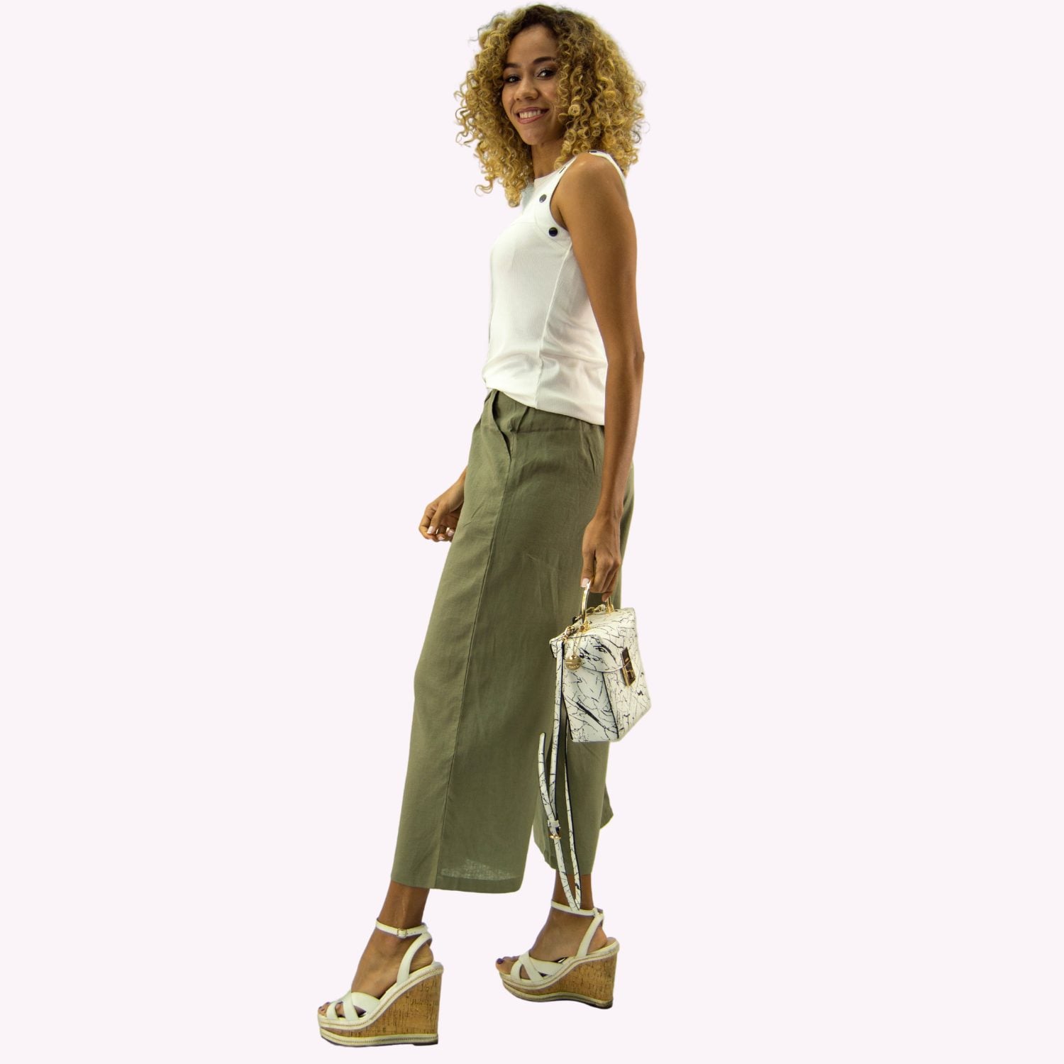 PANTALON LINO MUJER TENTATION VERDE CROPPED PALAZZO - 2